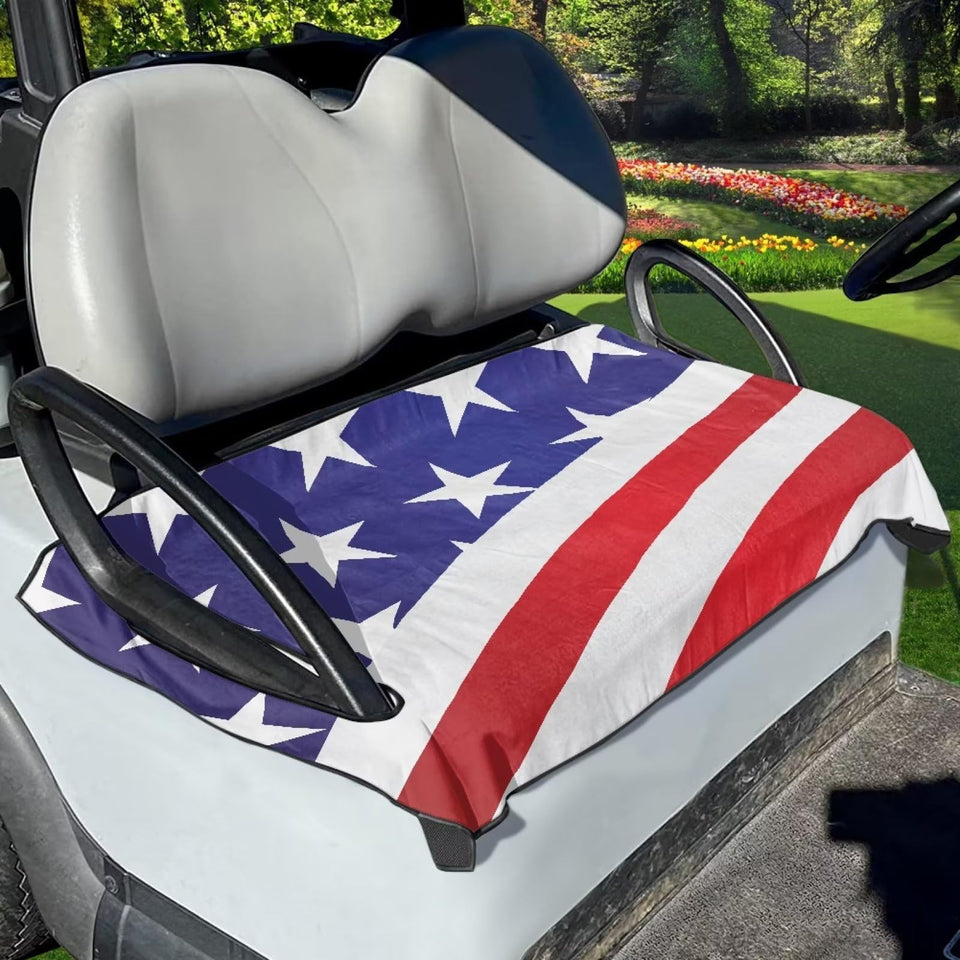 Tomeusey America flag golf cart seat cover installed on cart for weather protection