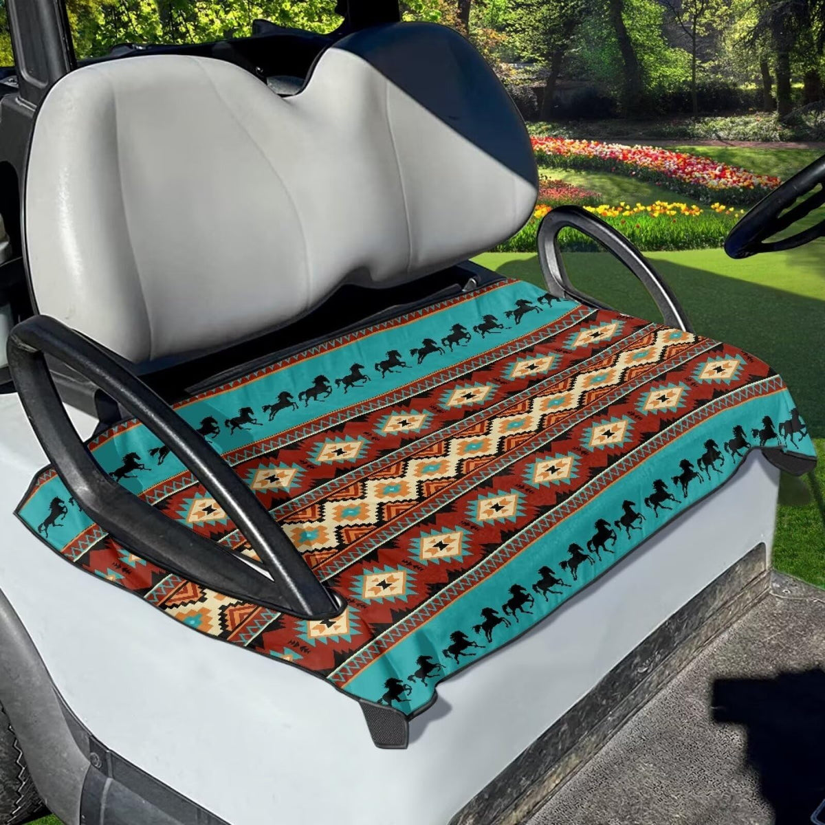 Tomeusey Aztec horse print seat blanket provides cozy cushioning for golf cart rides.