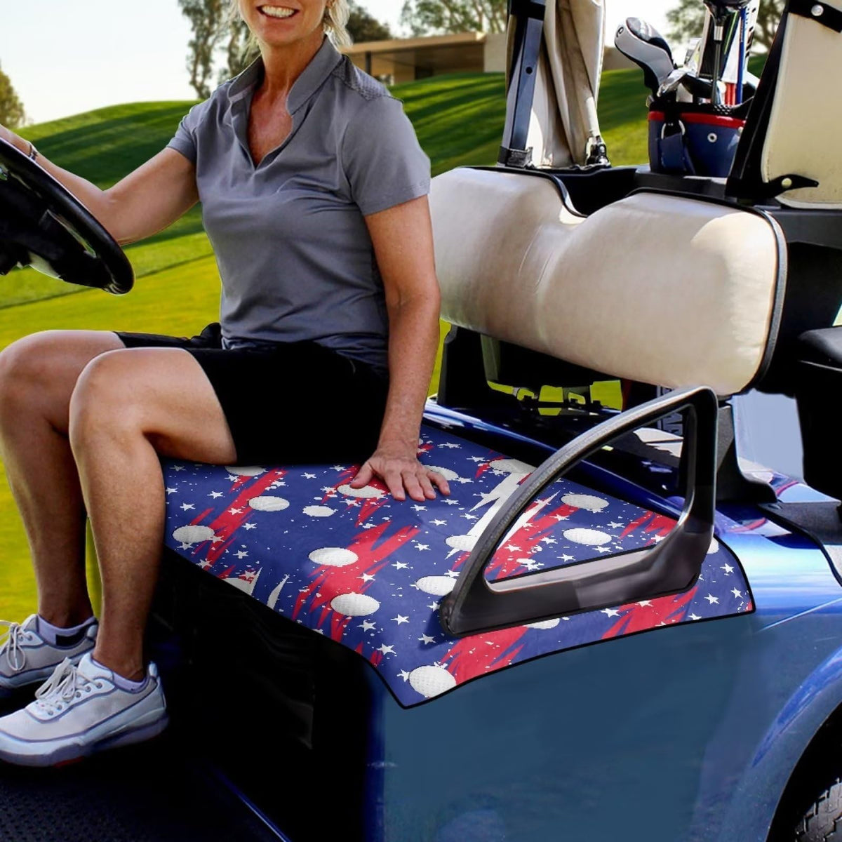 Tomeusey blue-red golf print seat cover on Club Car demonstrates easy fit and color boost