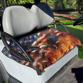 Tomeusey Eagle Fire two-seat golf cart cover protects seats and adds comfort.