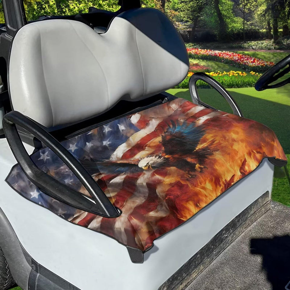 Tomeusey Eagle Fire two-seat golf cart cover protects seats and adds comfort.