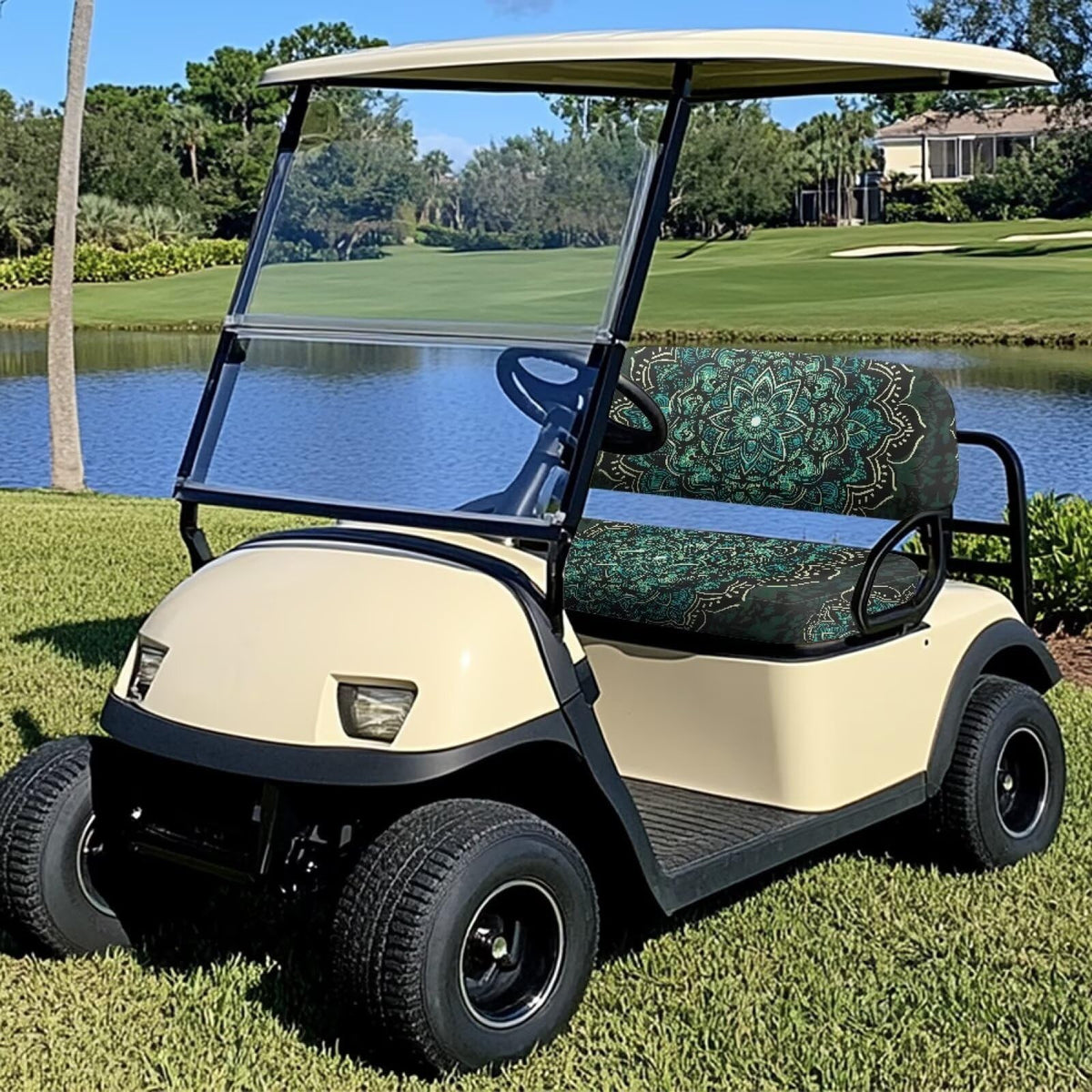 Tomeusey golf cart seat cover seat area in green mandala keeps your seat dry and comfy