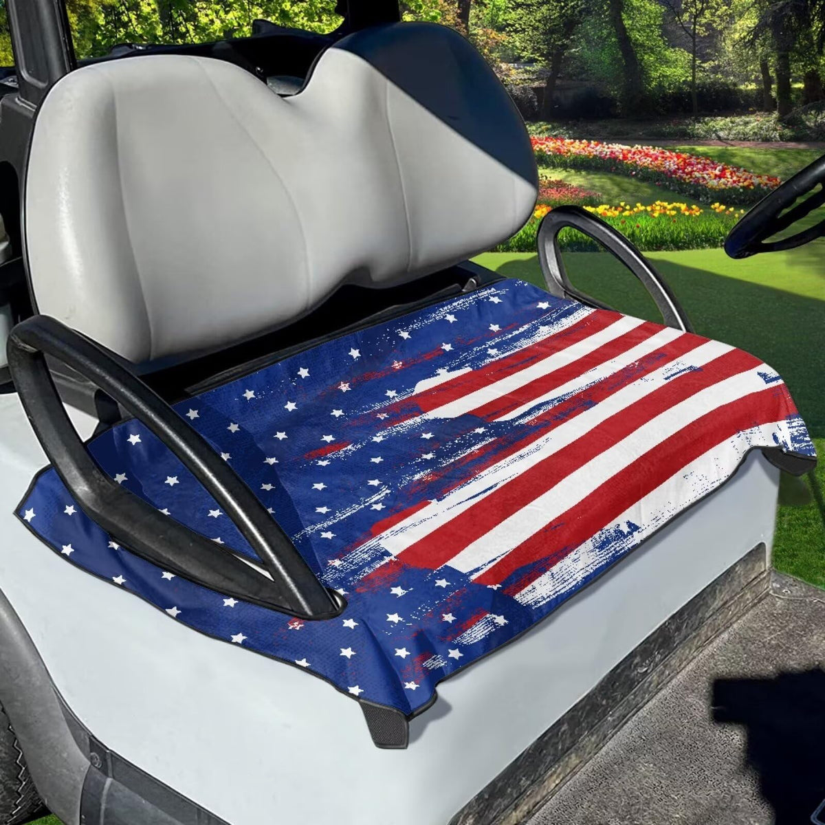 Tomeusey red-blue striped seat cover on a Club Car protecting seats from wear