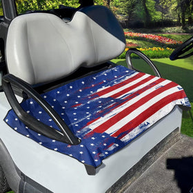 Tomeusey red-blue striped seat cover on a Club Car protecting seats from wear