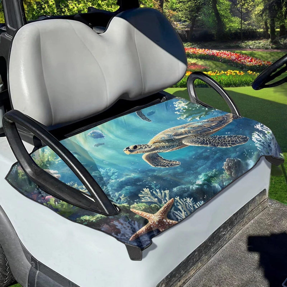 Tomeusey sea turtle starfish print seat cover on a golf cart, two-seat layout with the pattern visible