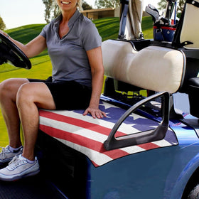 Tomeusey universal-fit seat cover being installed on a golf cart