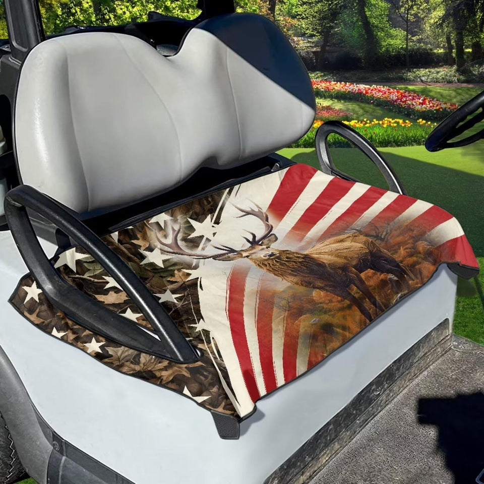 Tomeusey USA flag deer seat cover assembly view for easy installation.
