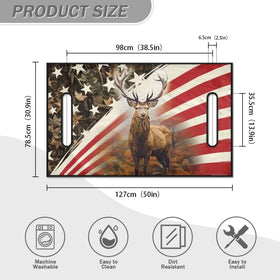 Tomeusey USA flag deer seat cover stitch detail highlights durability and quality.