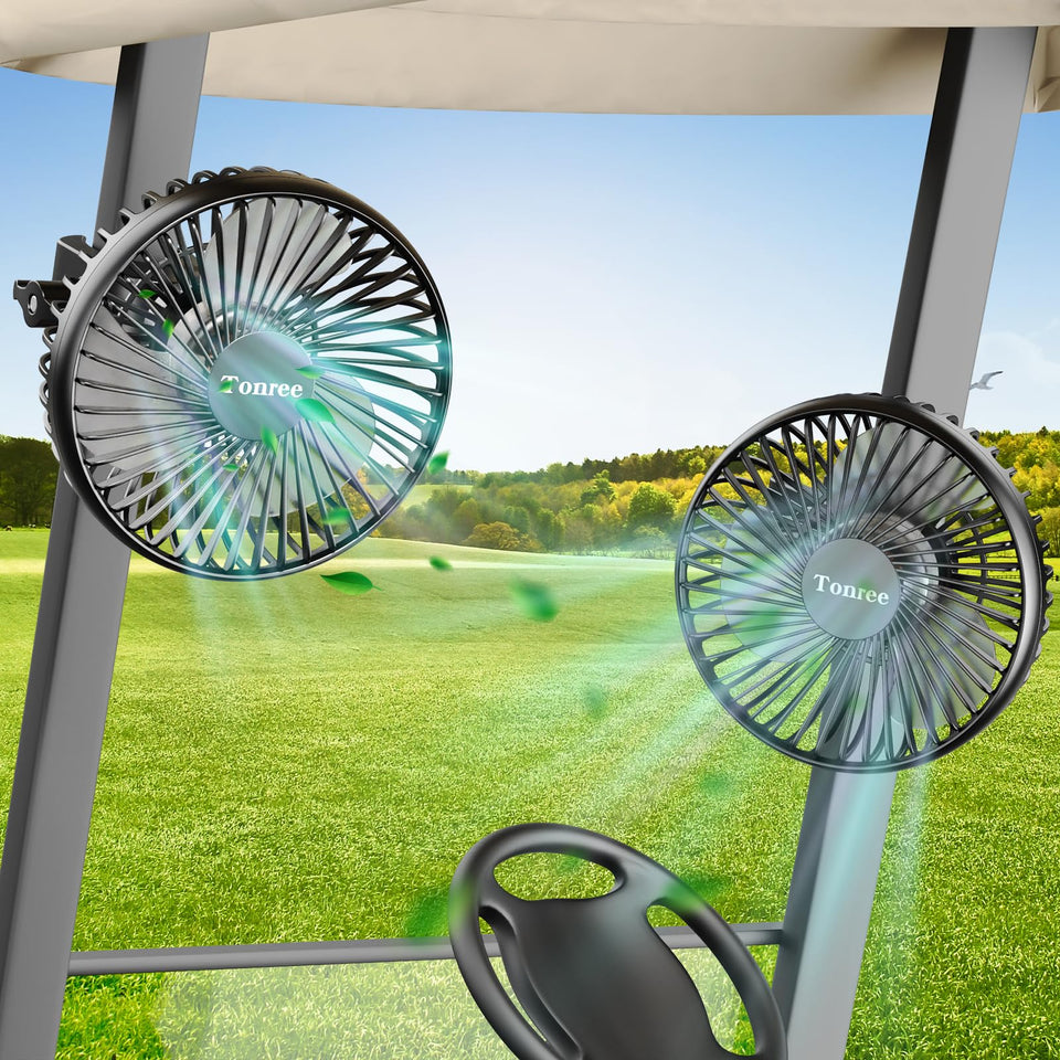 Tonree 5-1 inch golf cart clip fan securely mounted on a pole.