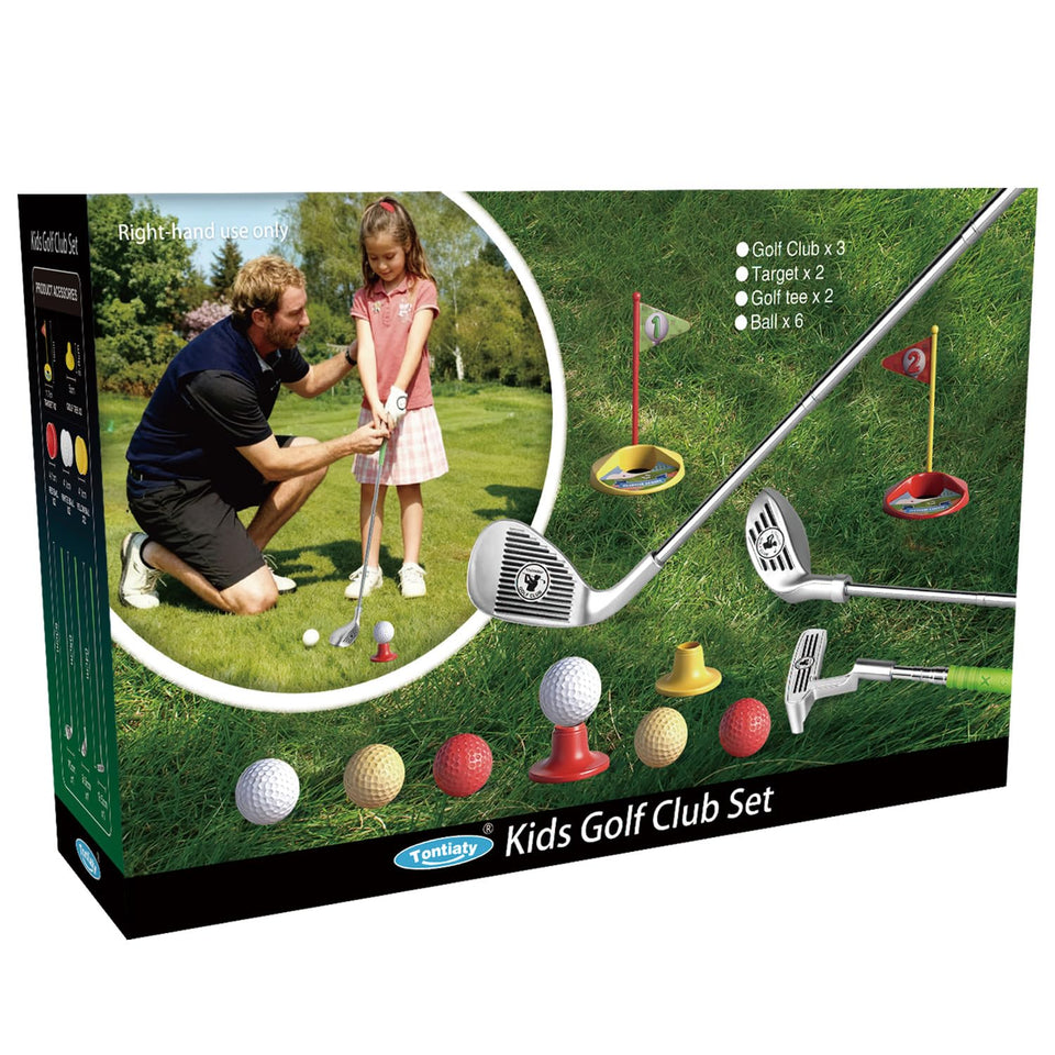 Tontiaty Kids Golf Clubs set contents show a complete beginner kit for easy practice.