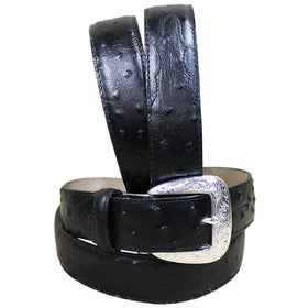 Tony Lama black ostrich dress belt close-up texture highlights premium leather detail.