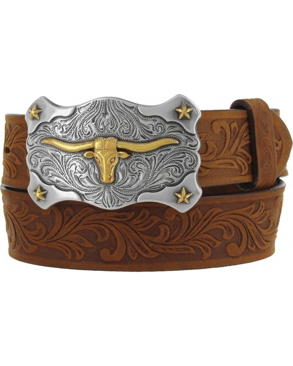 Tony Lama Boy's Brown Tooled Texas Belt, front view, durable leather for everyday Western style.