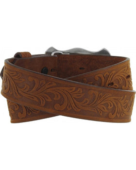 Tony Lama Boy's Brown Tooled Texas Belt, buckle closeup, longhorn detail enhances kid's Western look.