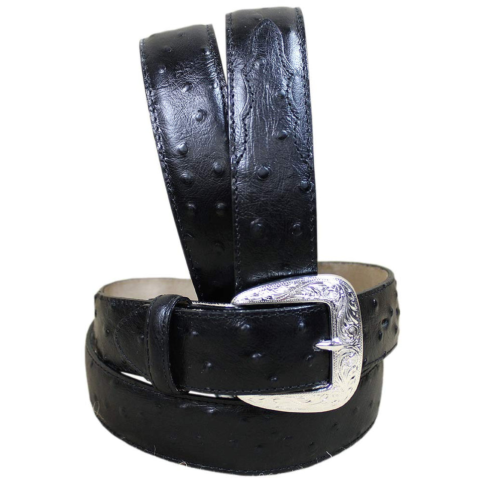 Tony Lama ostrich dress belt front view highlights premium black leather