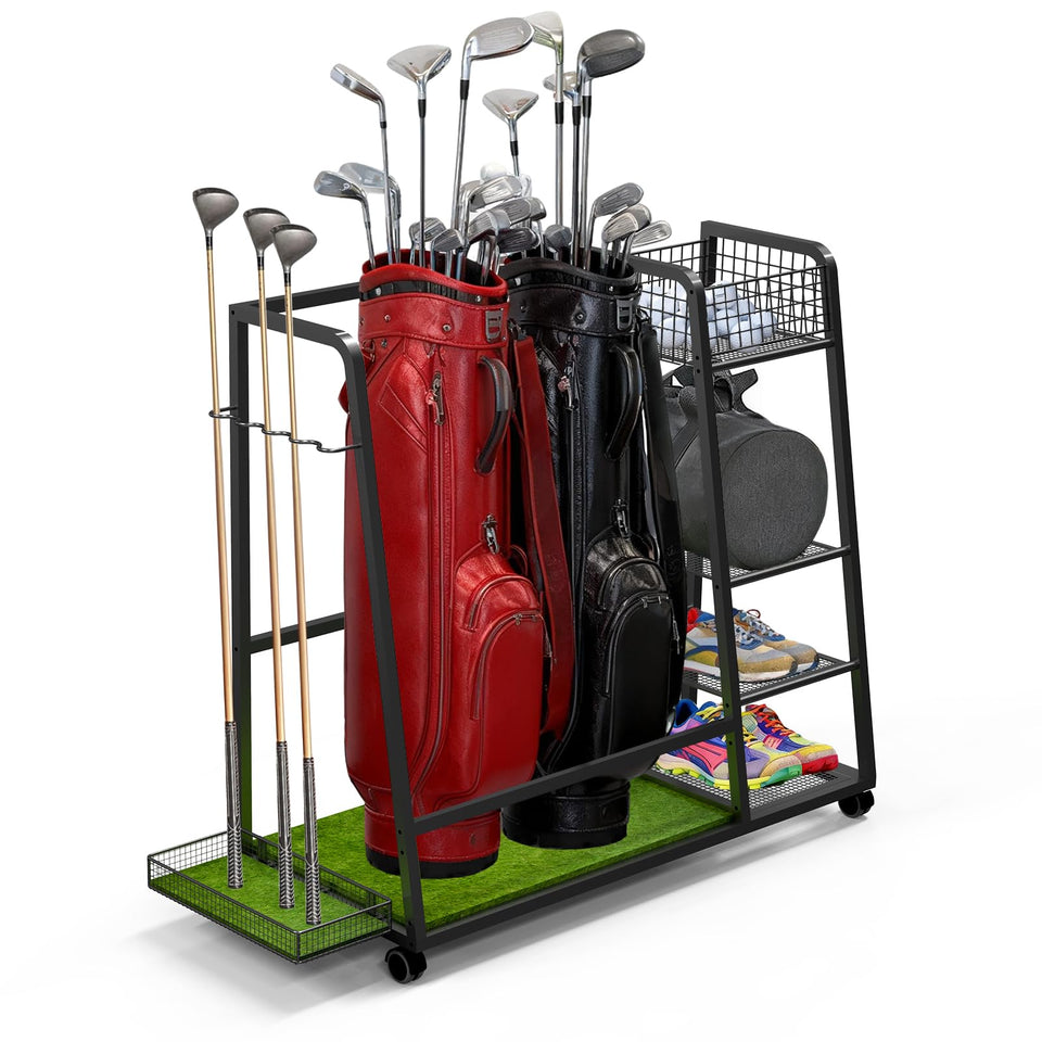 TooCust golf bag storage rack base with turf mat protecting gear during storage