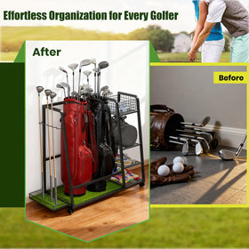 TooCust golf bag storage rack turf mat cushions bags and reduces noise