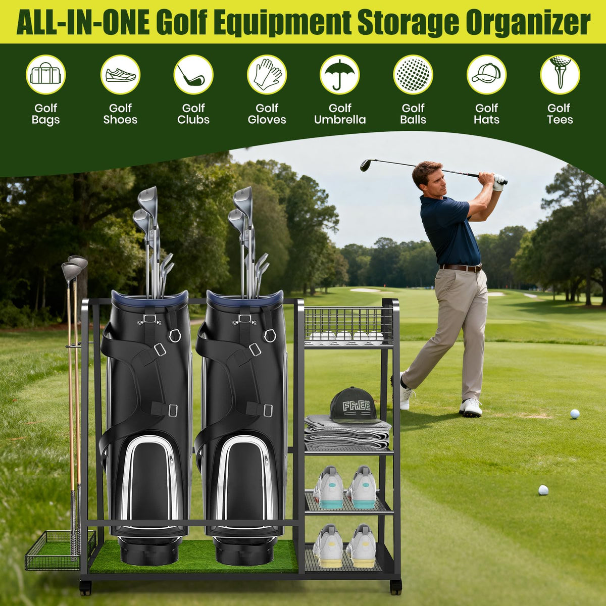 TooCust golf bag storage rack wheels enable easy moving around the garage