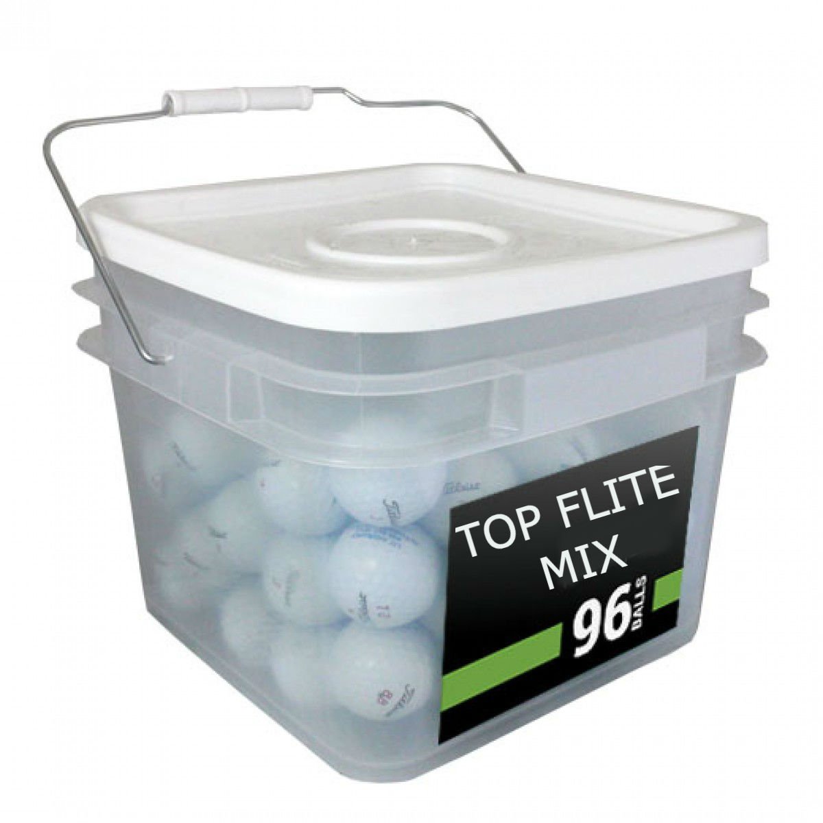 Top Flite Mix Near Mint 96-pack white balls ready for practice
