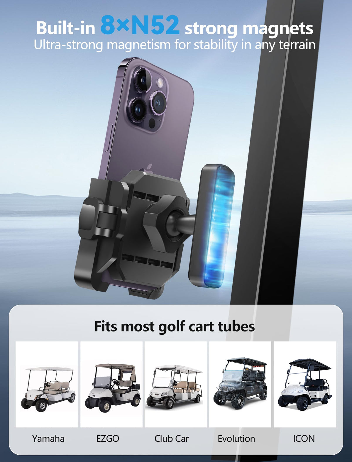 TopGo golf cart holder shows 360-degree rotation for optimal viewing on the course.