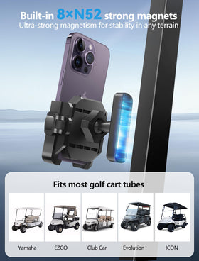 TopGo golf cart holder shows 360-degree rotation for optimal viewing on the course.