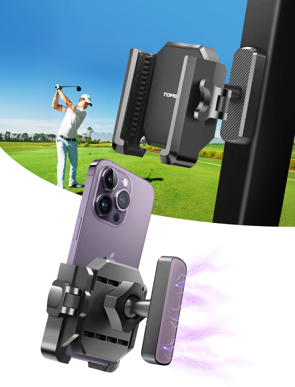 TopGo golf cart phone holder with magnetic base keeps your device secure on the cart shaft.