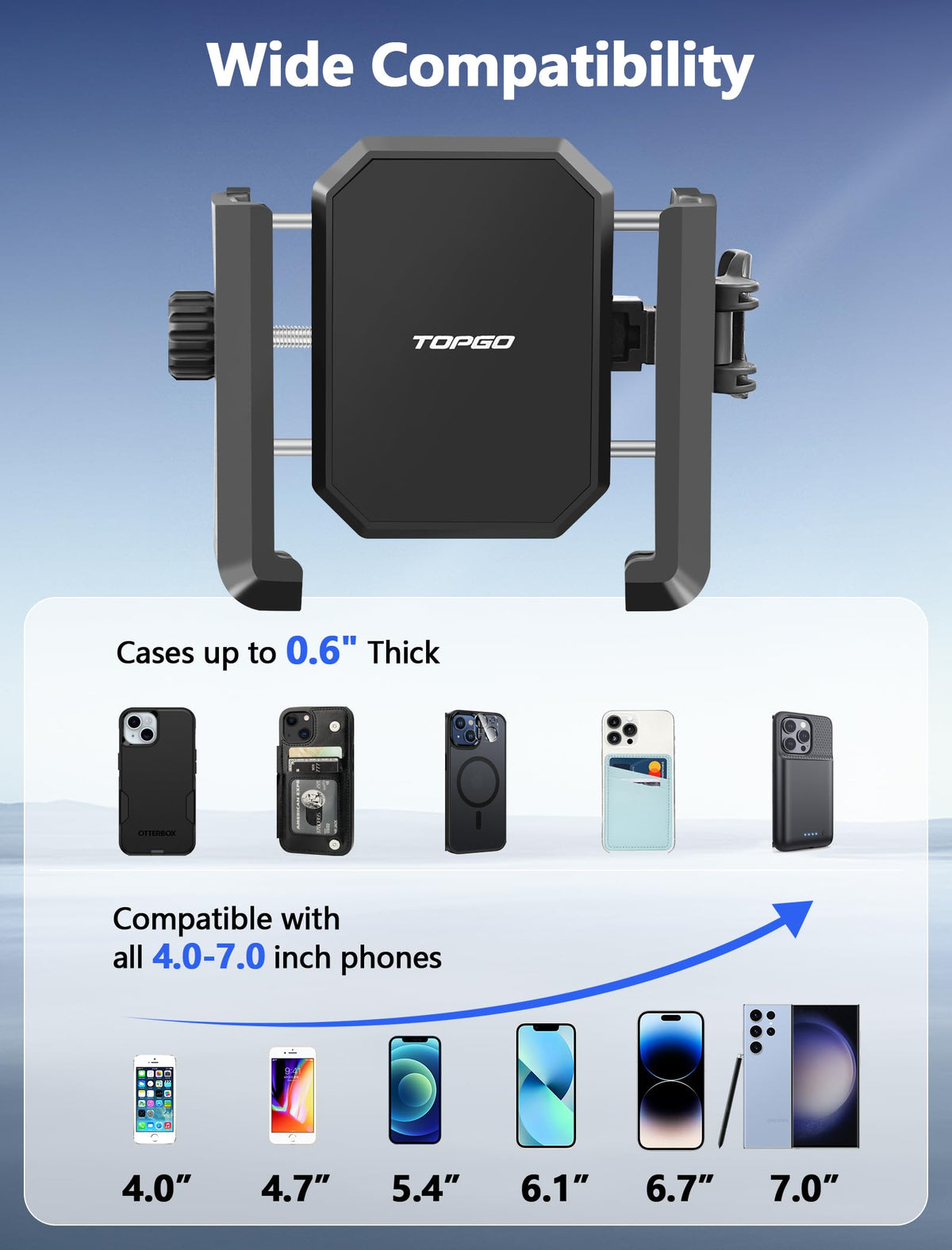 TopGo universal 4-7 inch phones fit iPhone Galaxy Pixel.