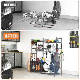 TORACK golf bags stand neatly organizes helmets and other gear.