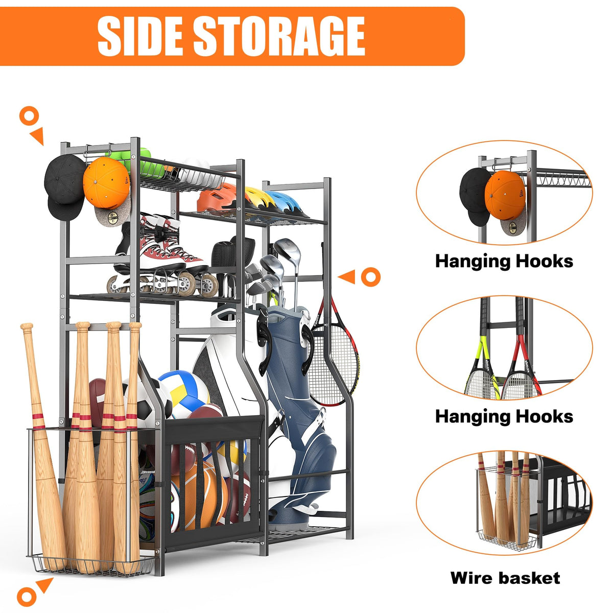 TORACK golf bags stand shows tool-free assembly with labeled parts.