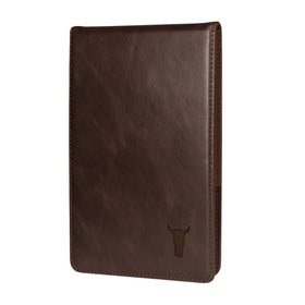 TORRO golf scorecard holder dark brown, front view, showcasing its slim on-course profile