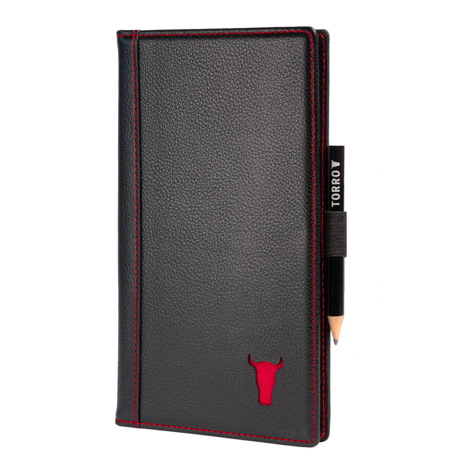 TORRO golf scorecard holder in genuine leather with red detail for a premium look.