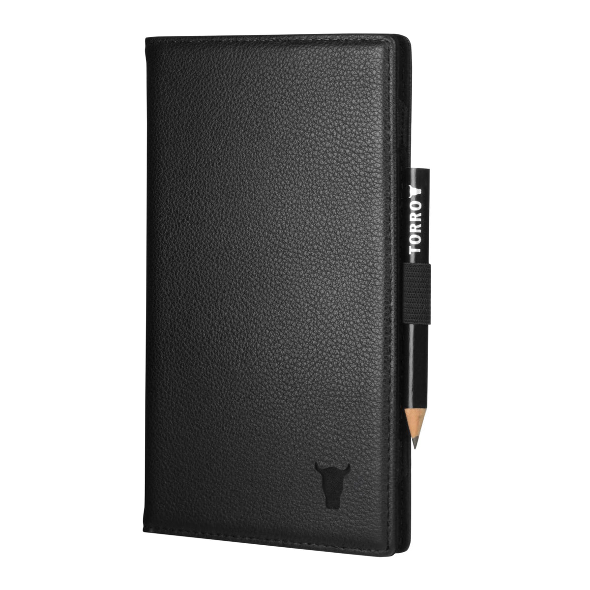 TORRO leather golf scorecard holder front view showing slim pocketable profile