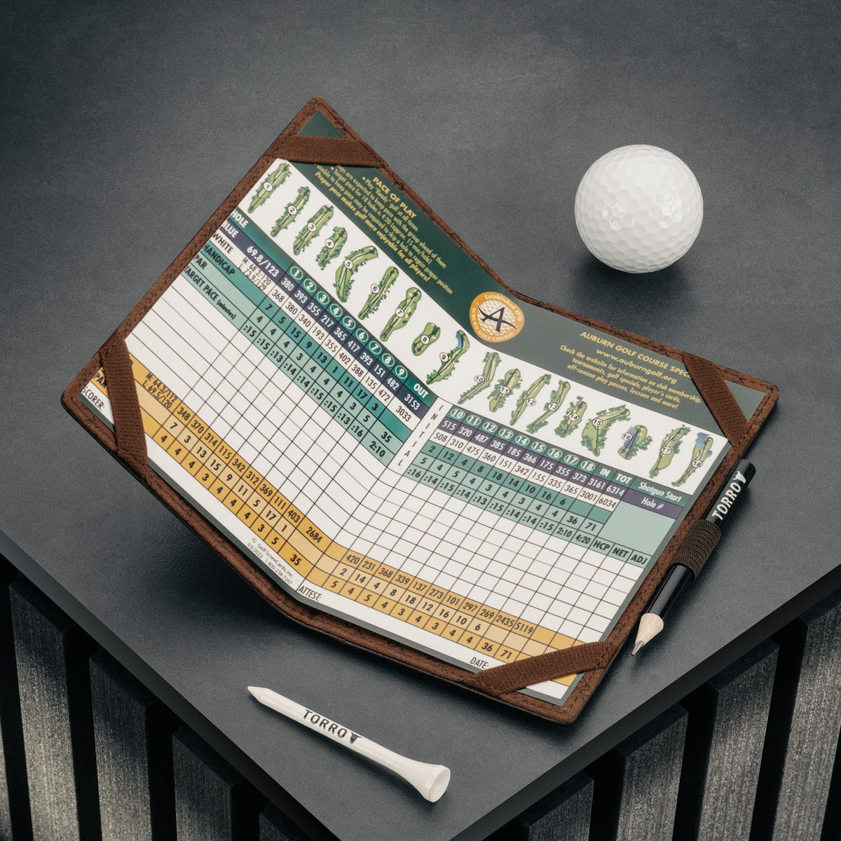 TORRO scorecard holder side view with pencil loop for quick course access.