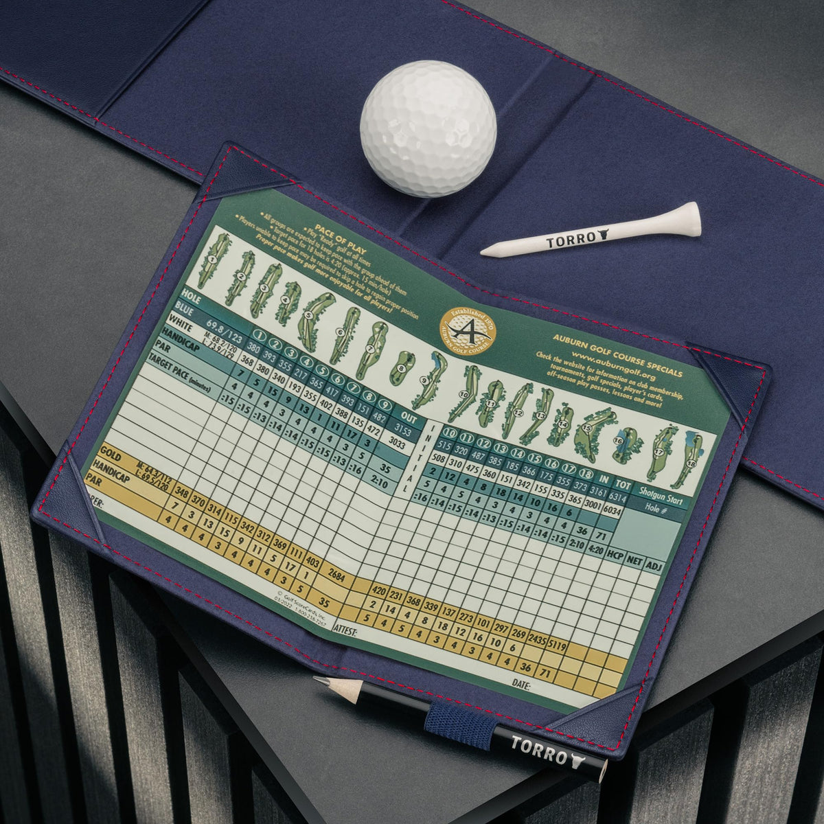 TORRO yardage book wallet with soft microfibre lining protects cards on the course.