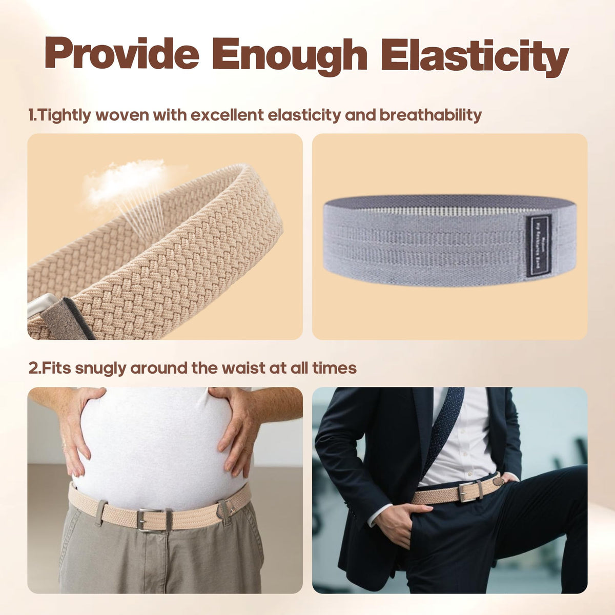 TOUGERJOY stretch belt worn with jeans demonstrates easy adjustment.