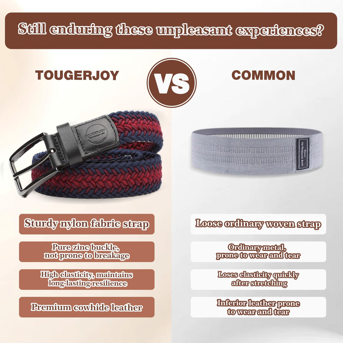 TOUGERJOY travel-ready stretch belt in pack illustrates compact, dependable performance.