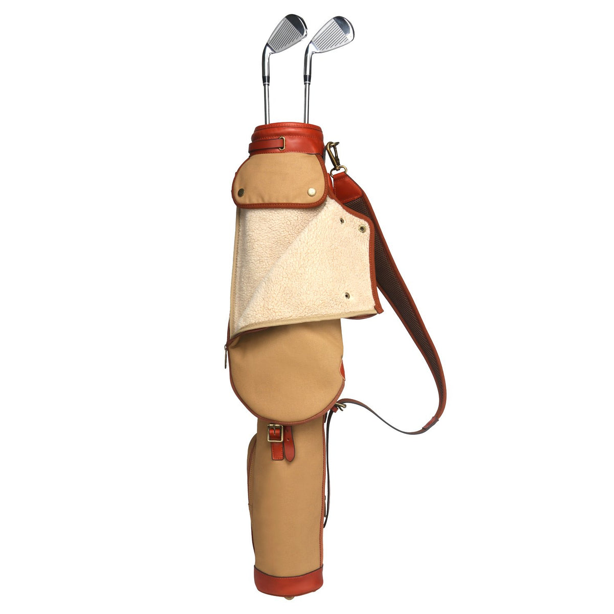 Tourbon golf bag showing a secure top handle and adjustable shoulder strap for hands-free carrying.