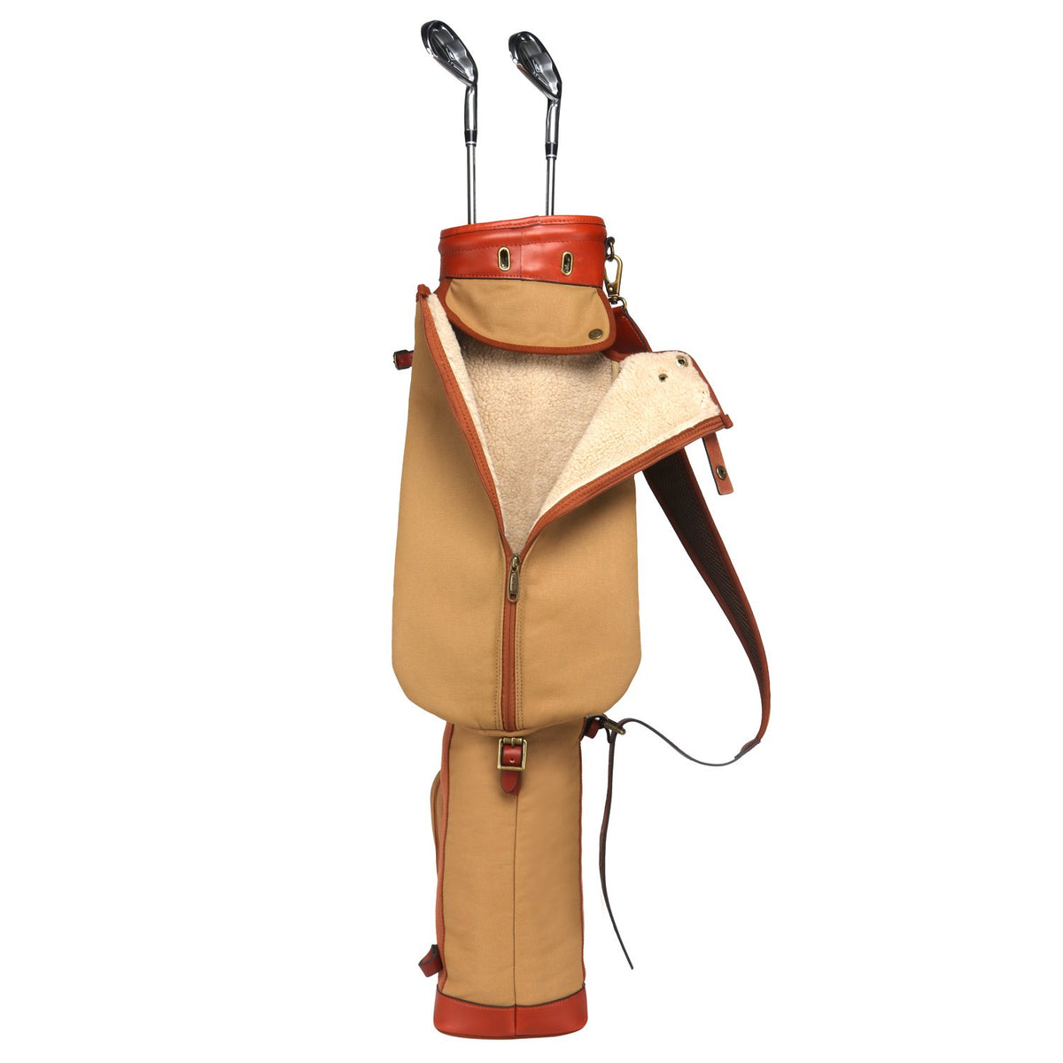 Tourbon bag's lower front pocket securely stores golf balls and gloves