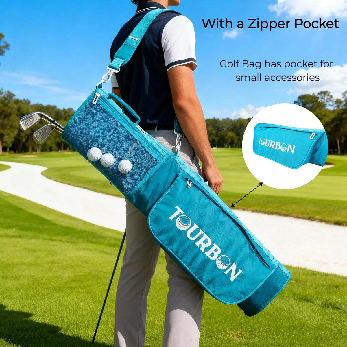 Lower pocket provides space for tools and towels during rounds.