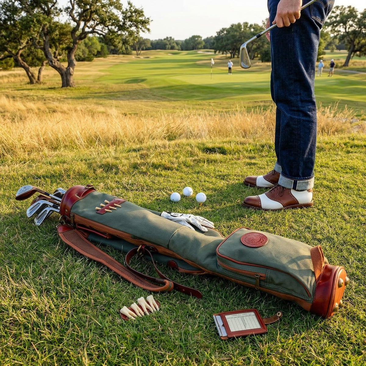 Tourbon Vintage bag green color suits golf trips and equipment gear.