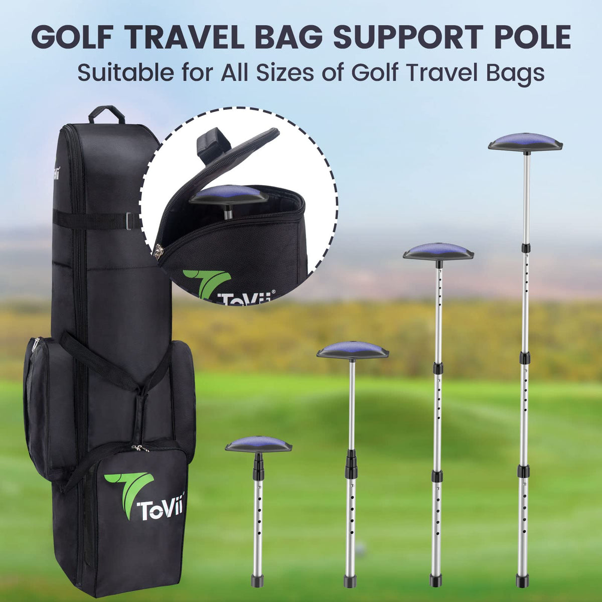 Folded compact profile shows 15+ height settings for flexible travel