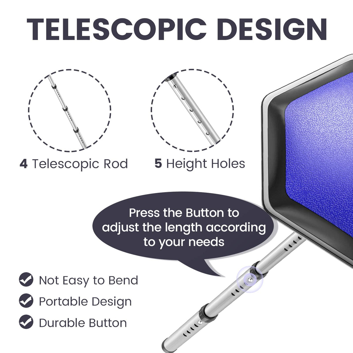 Push-button telescoping action enables quick height adjustment for bags