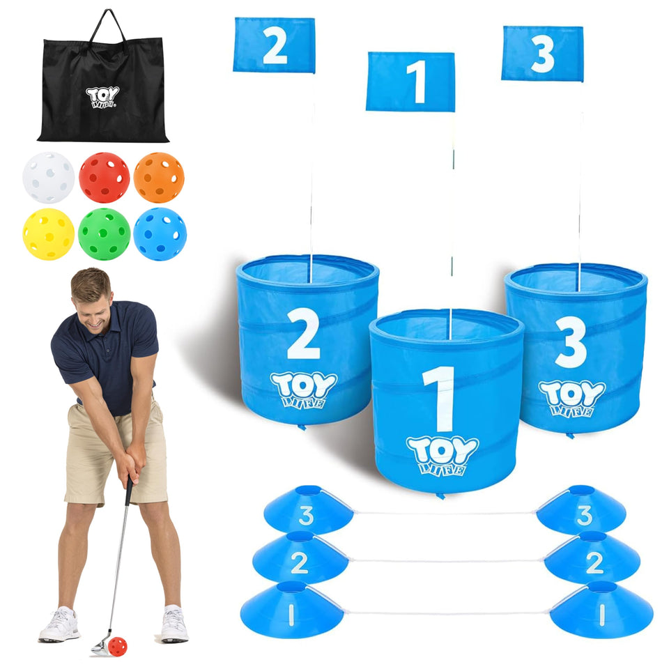 TOY Life Golf Bucket Set shows the 3-hole layout for backyard fun.