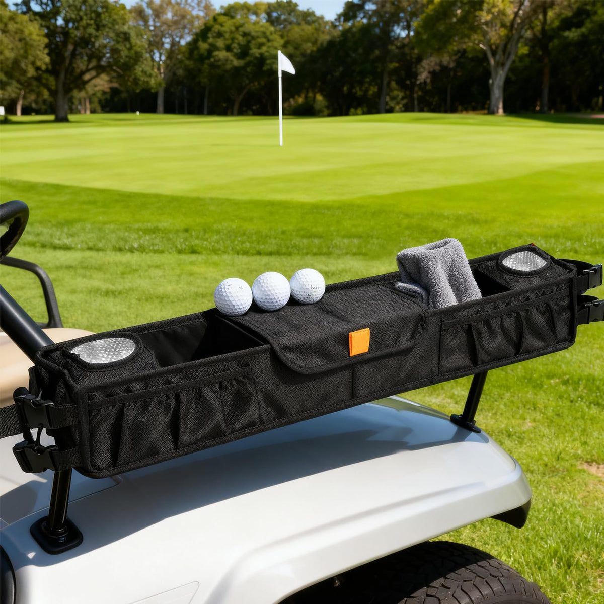 Toyosport Golf Cart Organizer Bag adjustable insulated cup holders keep drinks hot or cold.