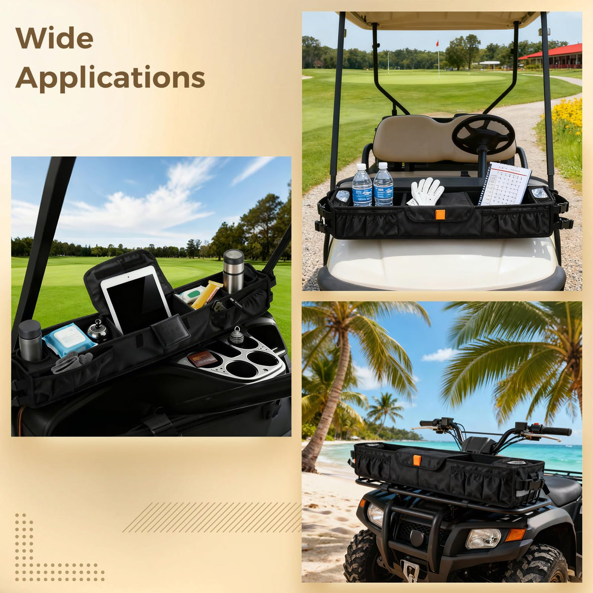 Toyosport Golf Cart Organizer Bag no-drill install uses secure friction straps.
