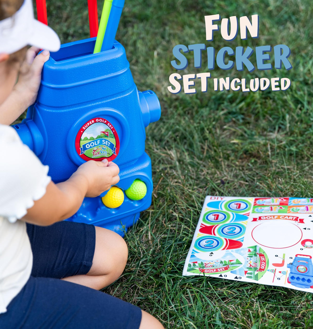 ToyVelt Toddler Golf Set Blue — rolling cart simplifies cleanup and storage.