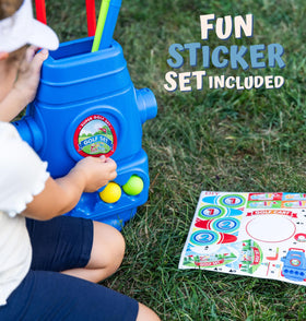 ToyVelt Toddler Golf Set Blue — rolling cart simplifies cleanup and storage.