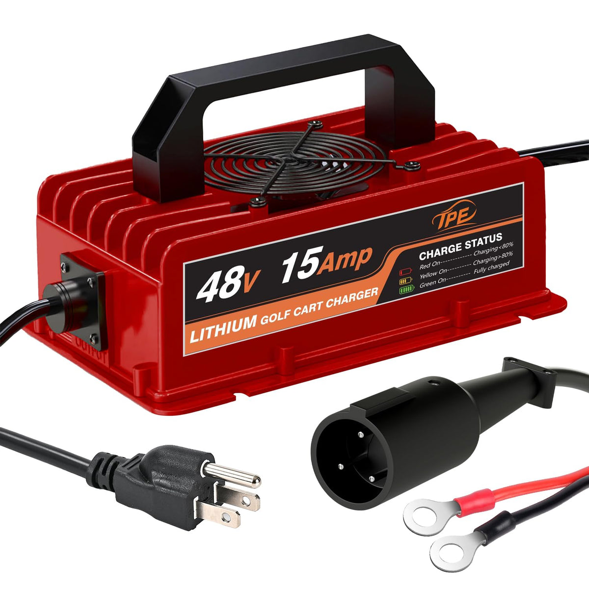 TPE 48V charger front view highlighting compact, portable lithium golf cart charging.