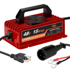 TPE 48V charger front view highlighting compact, portable lithium golf cart charging.