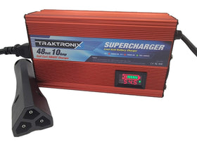 Traktronix supercharger EZGO RXV TXT charger unit powering a golf cart.