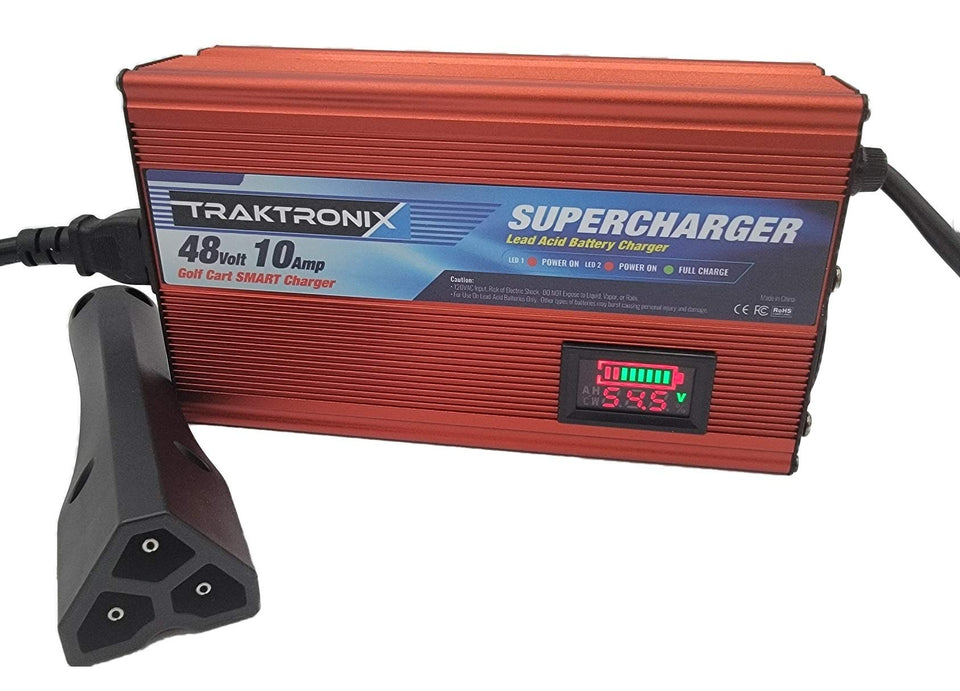 Traktronix supercharger EZGO RXV TXT charger unit powering a golf cart.